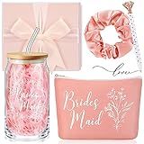 Umigy Bridesmaid Glass Cup Gift Box Set of 5 Include Glass Cup with Lid Makeup Bag Scrunchies Hair Ties Diamond Ballpoint Proposal Gift with Raffia for Wedding Party Favors (Rose Pink,Bridesmaid)