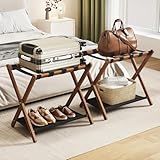 Fully Assembled Walnut Luggage Racks Set of 2, Bamboo 26.77" Luggage Rack Stand for Guest Room, 5 Nylon Straps, Foldable Suitcase Stand with Storage Shelf for Bedroom Hotel, Holds up to 165 Lbs