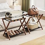 Fully Assembled Walnut Luggage Racks Set of 2, Bamboo 26.77" Luggage Rack Stand for Guest Room, 5 Nylon Straps, Foldable Suitcase Stand with Storage Shelf for Bedroom Hotel, Holds up to 165 Lbs