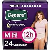 Depend Night Defense Adult Diapers, Incontinence & Postpartum Bladder Leak Underwear for Women, Disposable, Overnight, Medium, Blush, 24 Count, Packaging May Vary
