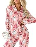 Ecosunny Christmas Santa Pajama Set Women's Long Sleeve Sleepwear Soft Loungewear Two Piece Button Down Pjs Lounge Set