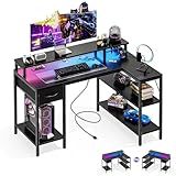 DUMOS 47” Gaming Desk with USB Charging Ports & LED Lights, Reversible L Shaped Desks Computer Corner Gamer Table with Power Outlets Monitor Stand Storage Shelves for Home Office Small Space, Black