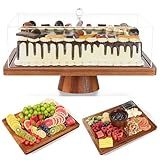 Cake Stand with Lid-Acacia Wood Cake Stand,2-in-1 Shatterproof Serving Platter & Charcuterie Board with Lid, Dessert Table Display for Party,Fruit Tray,Cheese,Large Rectangular Cake Dome Cover