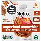 Noka Superfood Fruit Smoothie Pouches, Organic Applesauce Pouches with Apple, Cinnamon & Almond Butter, Healthy Snacks with Organic Fruits, Plant Protein, Fiber & Flax Seed, 4.22 oz (Pack of 6)