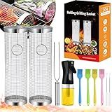 Rolling Grill Baskets (2PCS), Stainless Steel Grill Basket, Dishwasher Safe BBQ Grill Accessories Portable Grill Baskets for Outdoor Grill for Fish, Shrimp, Meat, Vegetables, Fries Outdoor Cooking Camping