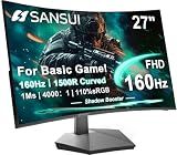 SANSUI 27 Inch Curved Gaming Monitor 160Hz, 1500R Curved Computer Gaming Monitor FHD 1080P, 4000:1, 110% sRGB, FPS/RTS, 1Ms MPRT|FreeSync|HDR|Low Blue Light|HDMI DP Ports| VESA Support, Cable Incl.