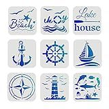 FINGERINSPIRE 9 Pcs Compass Anchor Stencil Set - 6x6 inch Plastic Nautical Theme Painting Stencils for Wood, Floor, Wall