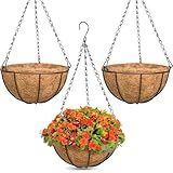 ZeeDix 3 Pack 12 Inch Outdoor Hanging Baskets, Metal Wire Hanging Planters with Coconut Liners, Round Hanging Baskets for Plants Flowers Ferns Home Garden Porch Balcony Railings Decor