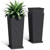 Acurax Set of 2 30 Inch Tall Plastic Planters with Drainage Saucers, Rattan Pattern UV Resistant Indoor Outdoor Flower Pots for Patio Garden Balcony Decor, Black
