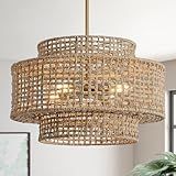 InterMaka 17.7” Boho Rattan Chandelier Light Fixture 4-Light Hand Woven Rustic Chandeliers with Wicker Shade, Farmhouse Chandelier Hanging Light for Dining Room Kitchen Island, Living Room, Foyer