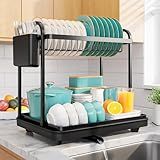 Sakugi 2-Tier Dish Drying Rack - Stainless Steel Dish Rack with Cutlery & Utensil Holders for Kitchen Counter, Sink Organization and Storage for Small Family, 15" W x 11.4" L x 15" H, Black