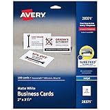 Avery Printable Business Cards with Sure Feed Technology, 2" x 3.5", White, 100 Blank Business Cards, Inkjet Printer Paper (28371)