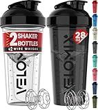 VELOMIX -2 Pack- 28 oz Protein Shaker Bottles for Protein Mixes - 2x Wire Whisk | Leak Proof Shaker Cups for Protein Shakes | Protein Shaker Bottle Pack (Black/Transparent)