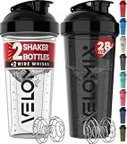 VELOMIX -2 Pack- 28 oz Protein Shaker Bottles for Protein Mixes - 2x Wire Whisk | Leak Proof Shaker Cups for Protein Shakes | Protein Shaker Bottle Pack (Black/Transparent)