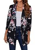 Unifizz Women's 3/4 Sleeve Stretchy Open Front Lightweight Work Office Blazer Jacket with Plus Size - Floral Black-1, Size L