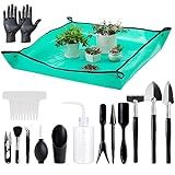 Melphoe 25Pcs Mini Garden Hand Transplanting Succulent Tools Set, 39.4" Thickened Repotting Mat & Plant Tag, Miniature Planting Indoor Fairy Care, Potting, Cactus, Houseplant Bonsai Tool Kit (Black)