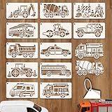 GOMAKERER 12 Sheets 12 Styles Construction Vehicle Stencils, 9.4 x 4.7 in Means of Transportation PET Painting Templates Reusable Drawing Templates for Wall Wood Fabric Canvas Paper Decor
