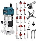 110V Router Tool, 800W Wood Trim Router, 30000RPM Electric Hand Trimmer, Palm Router with 15x 1/4” Router Bits & 2x Trim Guides for Woodworking Tools, Adjustable Base Height w/Scale