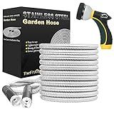 TheFitLife Flexible Metal Garden Hose - Upgrade Leak and Fray Resistant Design, Stainless Steel Water Hose with Solid Fittings and Sprayer Nozzle, Lightweight Kink Free Durable Easy Storage (25 FT)