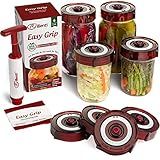 Fermenting Lids for wide mouth mason jars. 4 waterless airlock fermentation lids kit. Easy Grip fermenter lid with Oxygen Pump automatically Vents air. Tracks ferment date. (4 Lids + Pump)