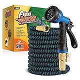 Flexi Hose with 8 Function Nozzle, 50FT - Lightweight Expandable Garden Hose, No-Kink Flexibility, 3/4 Inch Solid Brass Fittings and Double Latex Core