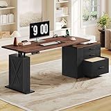 Homiflex 75.5 Inches Electric Standing Desk with Drawers Farmhouse Sit Stand Desk with Storage Adjustable Height Computer Desk with Power Outlets Printer Space for Home Office Black and Walnut
