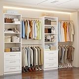 Closet System with 6 Drawers, 5-14FT Custom Closet Organizer System with 8 Expandable Hanging Rods&Adjustable Shelves, Modular Wood Closet Systems Tower for Walk in Closet Storage, 2 Sets, White
