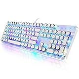 YSCP Typewriter Style Mechanical Gaming Keyboard RGB Backlit Wired with Blue Switch Retro Round Keycap 104 Keys Keyboard (White 104 Keys RGB)