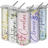 Set of 3 - Personalized Bridesmaid Skinny Tumbler w/Name & Title - 6 Floral Designs, 20 Oz Bride Tribe Tumbler w/Straw Set - Bridal Shower, Bride to Be, Bridesmaid Proposal Gifts, Bridesmaid Gifts