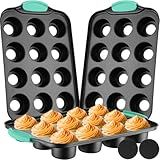 Uiifan 3 Pack Mini Cheesecake Pans Removable Bottom 12 Cavity Mini Cupcake Pan with Silicone Handle Nonslip Anti Heat Nonstick Carbon Steel Muffin Mold 13" x 8" Baking Molds(Mint Green)