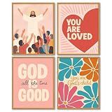 FGFK Boho Pink Christian Wall Art Prints Set of 4, Groovy Retro 70s Jesus God Is Good Floral Bible Verse Scripture Religious Posters Pictures Wall Decor for Home Church Prayer Room, 8x10 Unframed