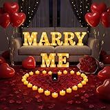 ARIKJ Marry Me Light Up Letters Proposal Decorations,Will You Marry Me Sign with 2000Pcs Red Artificial Roses Petals 30Pcs Flameless Candles 30Pcs Red Balloons for Romantic Night kit Valentine's Day