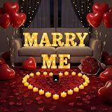 ARIKJ Marry Me Light Up Letters Proposal Decorations,Will You Marry Me Sign with 2000Pcs Red Artificial Roses Petals 30Pcs Flameless Candles 30Pcs Red Balloons for Romantic Night kit Valentine's Day