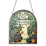 Colingmill Ghost Plant Suncatcher Cute Ghost Greenhouse Suncatcher Ornament Halloween Stained Glass Light Catcher, Halloween Garden Window Family Art Wall Decor, Plant Lovers Gift for Mom