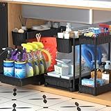 Sevenblue 3 Pack Multi-Purpose Under Sink Organizers and Storage, 2025 L-Shaped Pull Out Cabinet Organizer for Bathroom & Kitchen, Under Cabinet Organizer with Hooks Hanging Cup, Black