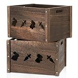 Edergoo Wooden Crates 2 Pack, Hollow Rabbit Wooden Crates for Display & Storage, Farmhouse Handmade Wood Crate with Handles, Rustic Large Decorative Wood Crate Box for Display