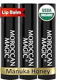 Moroccan Magic Organic Manuka Honey Lip Balm 3 Pack | Ultra-Hydrating Argan & Essential Oil Lip Moisturizer + Vitamin E | Natural Chapstick for Dry Lips | Smooth, Non-Toxic | Organic Lip Balm
