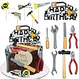 18PCS Tools Cake Topper Tools Cake Decorations Toolbox Wrench Hammer Mechanic Drill Plier Handsaw Tape Measure Screwdrivers Themed Happy Birthday Party Decor
