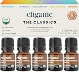 Cliganic Organic Essential Oils Set (Top 5 - The Classics) - 100% Pure Natural - Aromatherapy, Candle Making - Peppermint, Lavender, Eucalyptus, Lemongrass & Orange