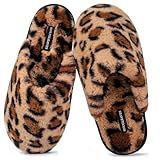 Snug Leaves Women's Fuzzy Scuff Slippers Soft Comfy Memory Foam Non-slip Indoor House Shoes (Cheetah Brown, Size 7-8)