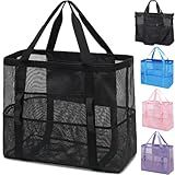 Fammart Mesh Beach Bag, Large Beach Tote with Zipper Pocket for Family Pool Bag for Toys & Vacation Essentials