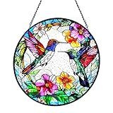 Stained Glass Window Hanging Suncatcher 7.84 inches,Sun Catchers Indoor Window,Hummingbird Ornament for Indoor Outdoor,Glass Panel with Metal Chain and Hooks Wall Art Home Decor Gift for Bird Lovers