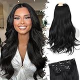 Isaic Clip in Synthetic Hair Extensions Layered Long Wavy 5PCS Thick Hairpieces Black Synthetic Double Weft Natural Hair Extensions 16 Inch for Women
