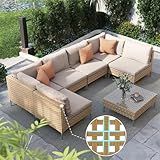 Grand patio 7-Piece Wicker Patio Furniture Set, Boho Outdoor Conversation Set Sectional Sofa with Water Resistant Thick Cushions and Coffee Table, Cream