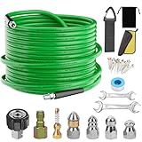 Sewer Jetter Kit for Pressure Washer,Water Jet Drain Cleaning Hose with Corner Rotating Button Spring Nose 1/4" NPT Sewer Cleaning Tool High-Pressure Nozzles,5800 PSI 50 FT