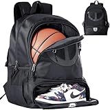 Basketball Bag Backpack for Men Women with Ball & Shoes Compartment 30L Capacity Lightweight Breathable Boys Girls Soccer Ball Bag Backpack Fit Volleyball Football Sports Travel School Gym Black