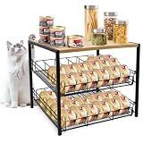 PWSOMJ Bamboo & Iron Cat Food Organizer for Pantry, 2-Tier Can Stackable Storage Rack Holds 48 (3oz) Cans, Flat Top for Extra Storage, Automatic Slide-Down Perfect for Pet Food Cans
