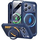 Miracase for iPhone 17 Pro Case with 360 Spin Magnetic Stand, Full-Body Phone Case with Built-in Glass Screen Protector & Camera Control, Drop Proof iPhone 17 Pro Cover, Dark Blue