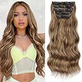 KooKaStyle Hair Extensions 5PCS Long Wavy Upgrate Invisible Full Coverage Edges Seamless Clip in Extensions for Women 20 Inch Honey Blonde Mix Brown Synthetic Natural Hairpieces