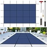 Inground Pool Cover Safety Fits Rectangle Swimming Pool, Mesh Solid Pool Cover for Inground Pools,Winter Pool Safety Cover Includes Safety Net and Installation Tools Blue (Blue, Fits 18x36ft Pools)